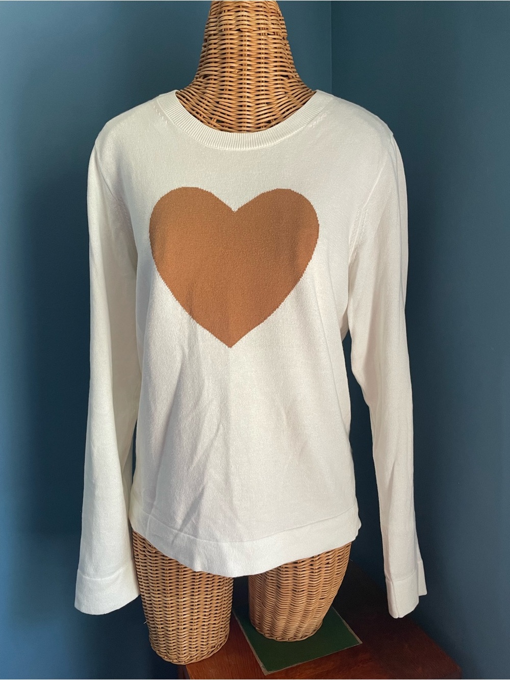 J. Crew EUC Classic Teddie Heart Crewneck Sweater Ivory Camel Cotton  Size XL
